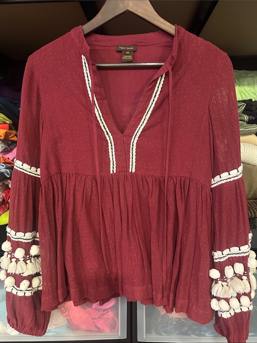 Vineet Bahl oxblood peasant blouse XS maroon red burgundy 70’s vibe